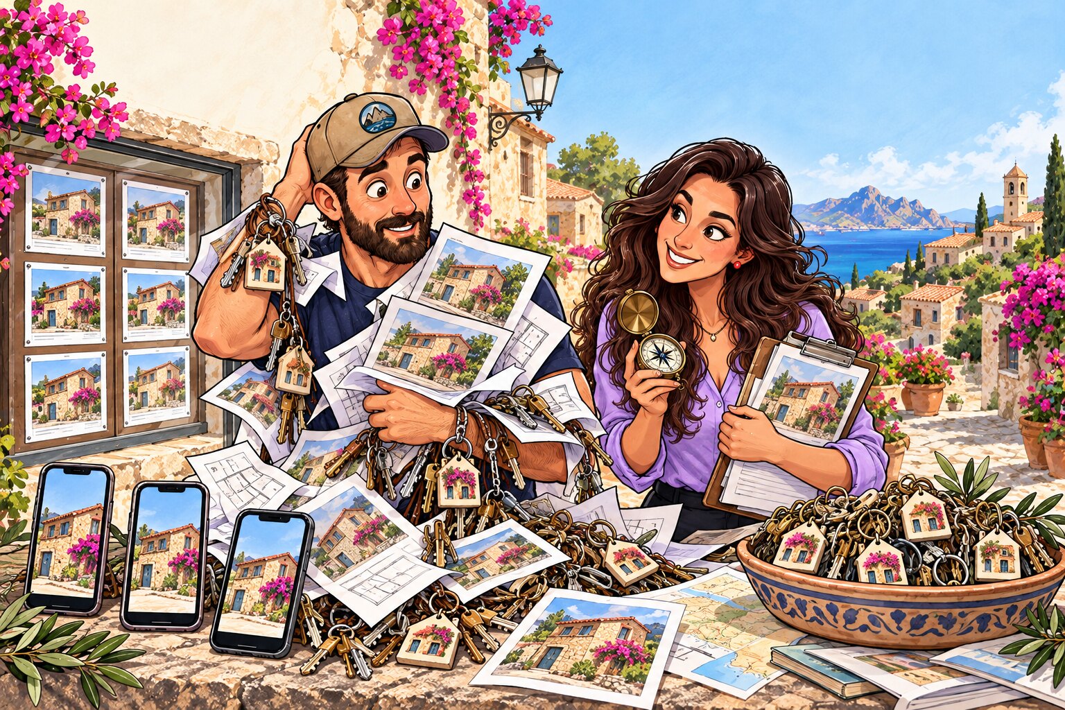 Jesse overwhelmed by duplicate Sardinian property listings while Barbara organizes the search